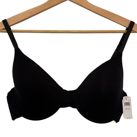 NWT Le Mystere Black Seamless Contour Bra Size 36E Soft Cup Underwire Lace Wing - Picture 1 of 6